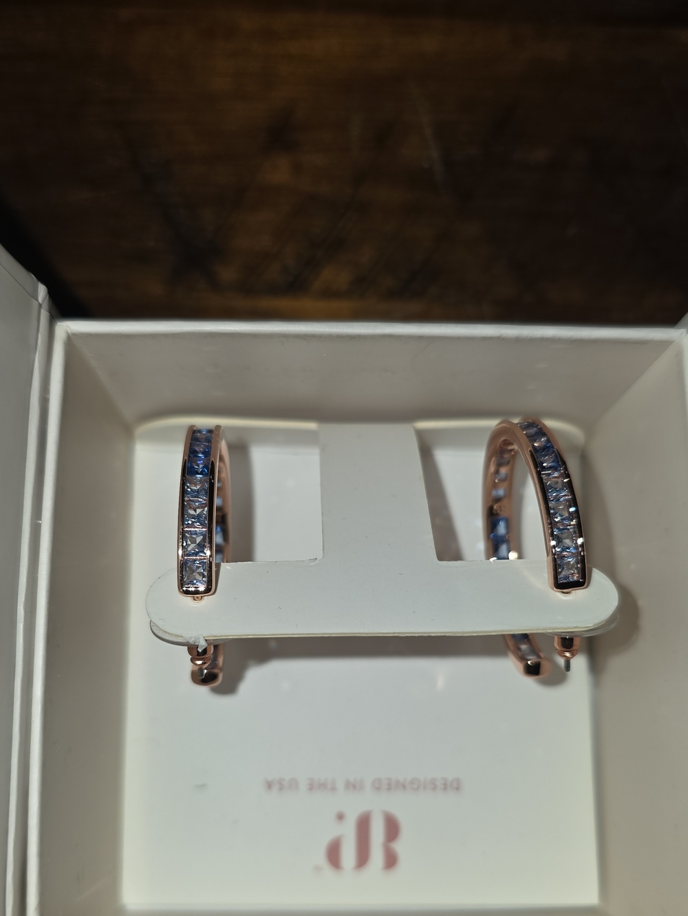 Rose Gold Hoop Earrings with Blue and Clear Crystals